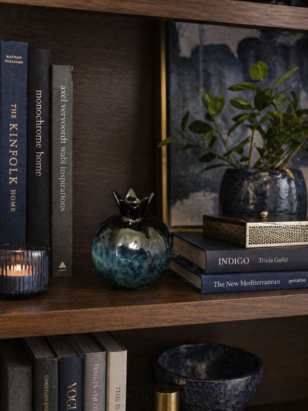 Glossy Blue Pomegranate Vase Shelf Decor